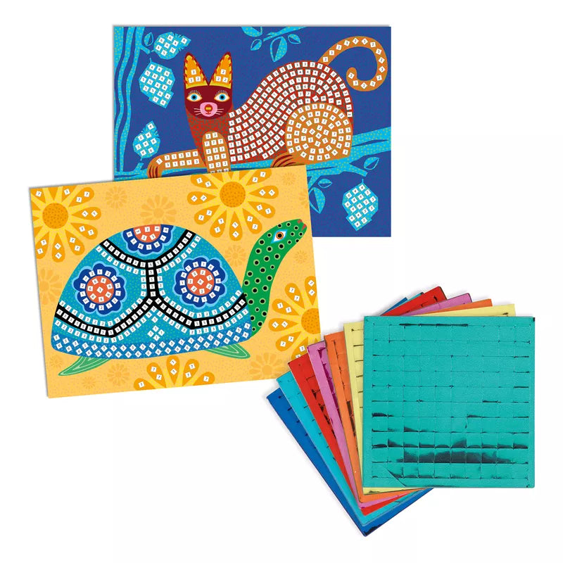 A set of Djeco Mosaics Oaxacan with a turtle and a cat, perfect for a collage activity or creating mosaic pictures using adhesive metallic foam.