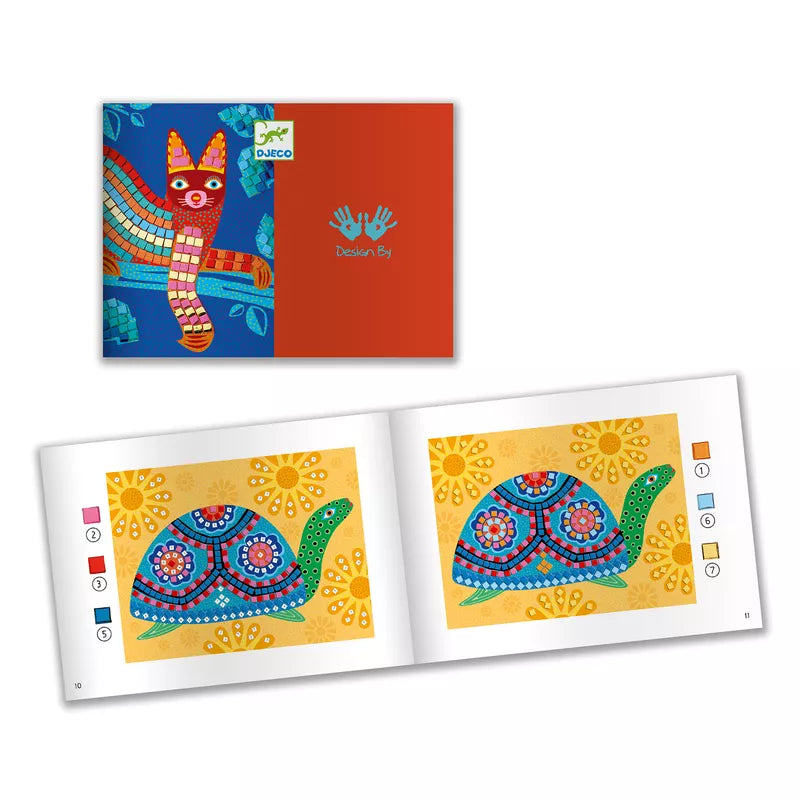 A Djeco Mosaics Oaxacan activity book featuring pictures of a cat and a turtle made with adhesive metallic foam.