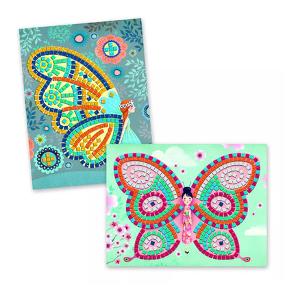 Two Djeco Mosaics Butterflies cards adorned with colorful mosaic pictures, made using adhesive glittery foam.