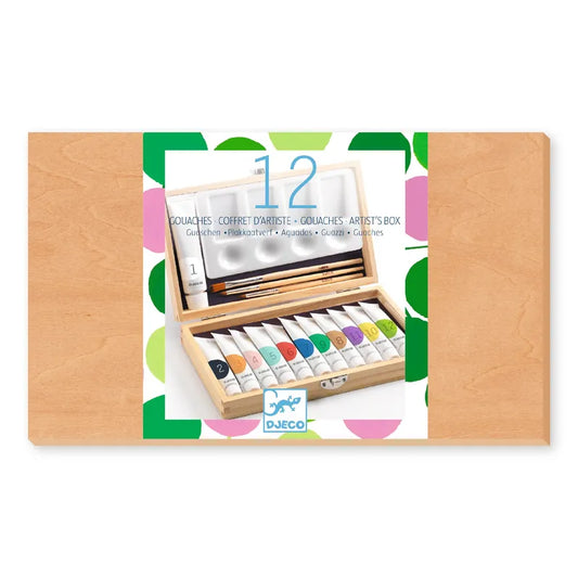 The image shows the "Djeco Colours For Older Children 12 Gouaches - Artist's Box." The box is open, displaying 12 tubes of highly pigmented gouache paint arranged neatly in rows along with paintbrushes. The packaging prominently features the number "12" at the top, indicating the number of paint tubes included.