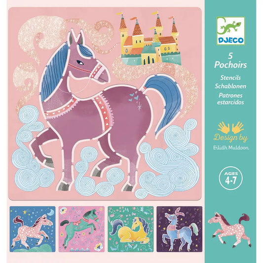 A Djeco Stencils Horses toy box featuring a horse and castle.