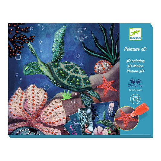 A Djeco Painting Abysses kit box featuring a vibrant underwater scene with starfish, turtles, and plants. The cover displays finished artwork and includes pearlescent paint tubes, a brush, and sample images.