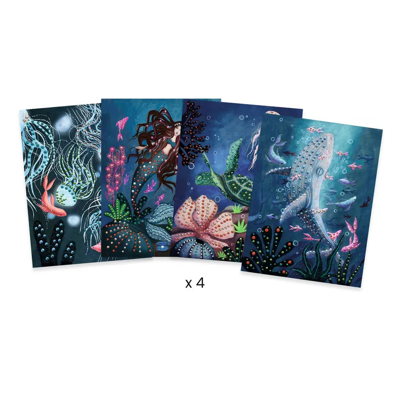 A set of four Djeco Painting Abysses displaying vibrant underwater scenes with various marine life, plants, and coral depicted in rich colors and intricate details using textured paint.