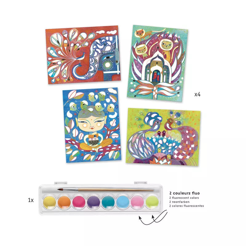 A set of four Djeco Gouaches Painting India cards with different designs on them.