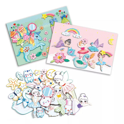 A set of Djeco A World To Create, Girls stickers with a picture of a fairy and a rainbow, including colourful cardboard shapes.