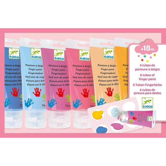 A tube of Djeco Paint For Little Ones 6 Finger Paint's Tubes - Sweet with a pink background designed for little artists.