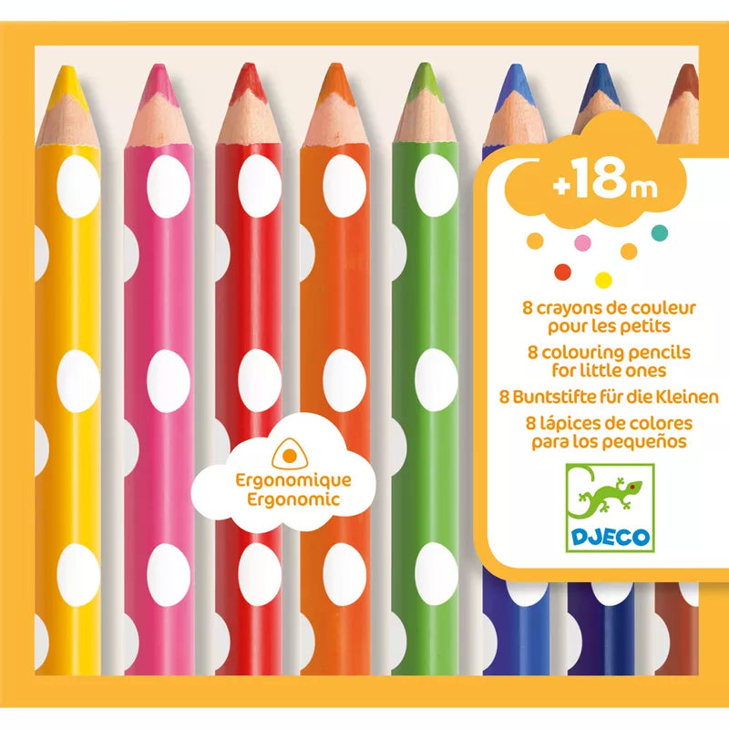A set of Djeco Crayons 8 Colouring Pencils For Little Ones with polka dots on them, suitable for 18 months+.