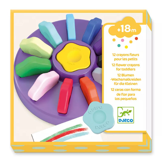 A set of Djeco Crayons 12 Flower Crayons For Toddlers in a box, perfect for little hands.