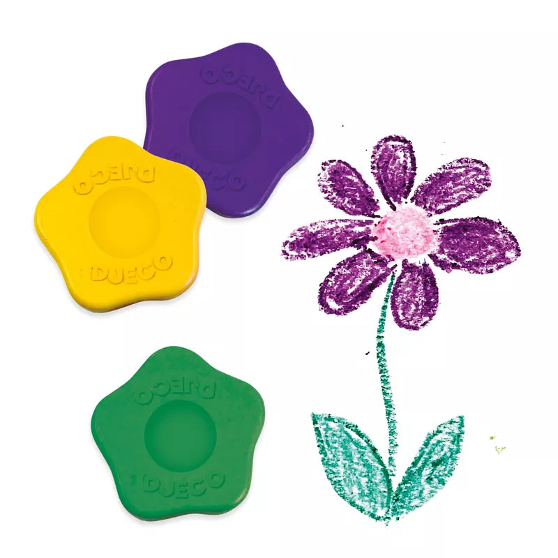 Sentence with Product Name: A set of Djeco Crayons 12 Flower Crayons For Toddlers in vibrant colours, perfect for little hands.