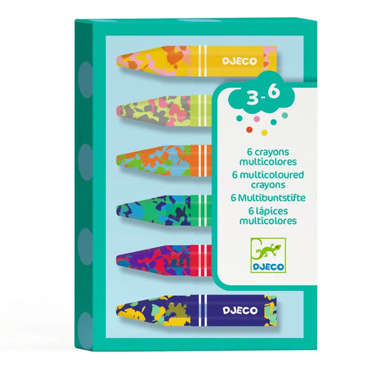 Here is an image of the Djeco Colours For Little Ones 6 Multicoloured Flower Crayons set, suitable for ages 3-6. The box features six vibrant wax crayons in various patterns and colors. The primarily teal packaging includes a clear window to showcase the crayons inside and is designed to nurture creativity in young artists.