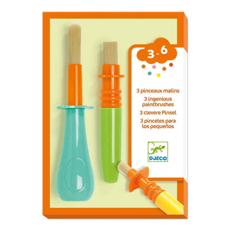 Image of the Djeco Accessories For Little Ones 3 Ingenious Paintbrushes set designed for children aged 3-6. The package includes three colorful, ergonomically designed brushes with orange, green, and yellow handles that feature a no-roll design. They are displayed against an orange and white background with text in French, German, and Spanish.