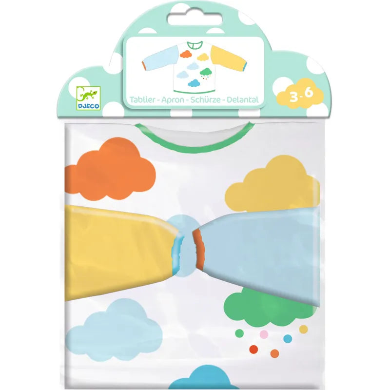 A packaged children's art smock designed for ages 3-6, named the "Djeco Accessories For Little Ones Apron." The washable apron features colorful, cartoon-like clouds and has long sleeves in yellow and blue. The packaging displays an illustration of the apron and prominently showcases the brand logo "Djeco" at the top left corner.