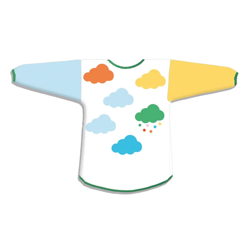 The Djeco Accessories For Little Ones Apron is a children's long-sleeve art smock adorned with a playful cloud pattern. The left sleeve is light blue, the right sleeve is yellow, and the body boasts clouds in vibrant shades of orange, blue, green, and even a green cloud with raindrops. Green trim adds a finishing touch to this outfit. Ideal for budding artists, this washable apron ensures their clothes stay clean while they create masterpieces.