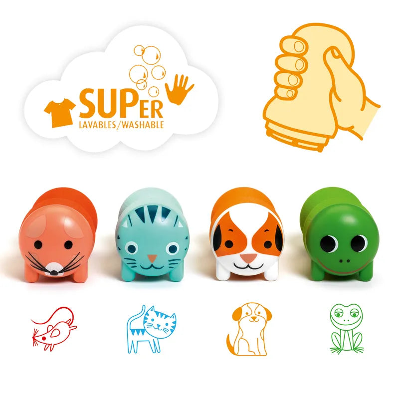 A group of four colorful toy animals, including a red hamster, a blue cat, an orange dog, and a green frog, are arranged at the bottom. Designed as toys for small hands, above them a cloud graphic says "SUPER LAVABLES/WASHABLE" with hand-washing symbols and an illustration of a hand squeezing a toy from the Djeco Stamps Stamps For Little Ones - Garden Animals set.