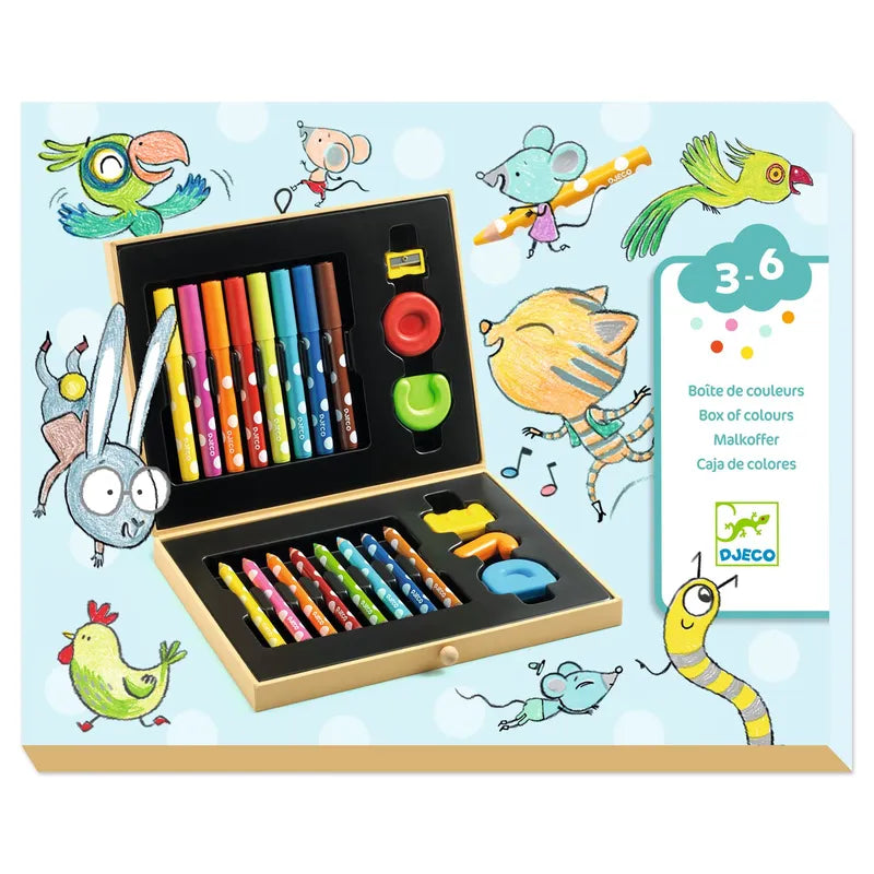 Image of the Djeco Colours For Little Ones Box Of Colours For Toddlers, designed for ages 3-6. The customisable case includes colorful markers, washable thick felt-tip pens, crayons, and a variety of fun-shaped stamps. The packaging is decorated with playful illustrations of animals, such as a bunny, birds, and worms playing musical instruments.