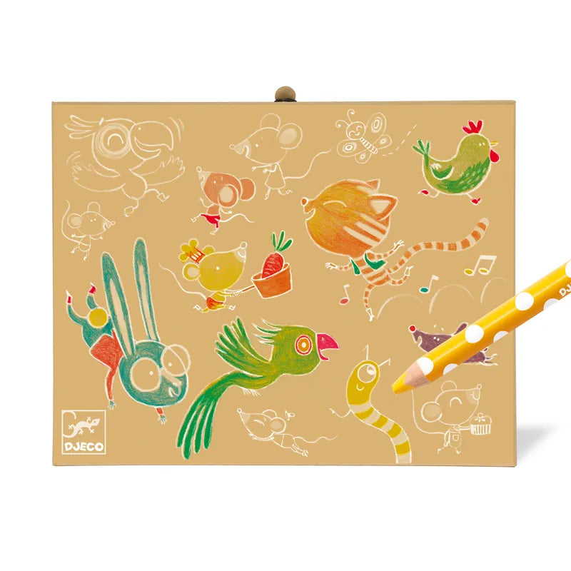 An illustrated page brimming with whimsical, colorful animal doodles, featuring birds, a cat, a rabbit, a worm, and a chicken. A polka-dotted pencil is alive in action on the tan background. Perfect for your Djeco Colours For Little Ones Box Of Colours For Toddlers and ideal to be paired with washable thick felt-tip pens for endless fun!