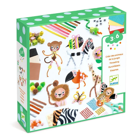 The Djeco Colours For Little Ones Jungle Animal Creation Box is a threading crafting kit for kids aged 3-6. This charming toy includes colorful materials to create a monkey, zebra, and lion. It features a green border with polka dots and a clear age label, combining fun and creativity.