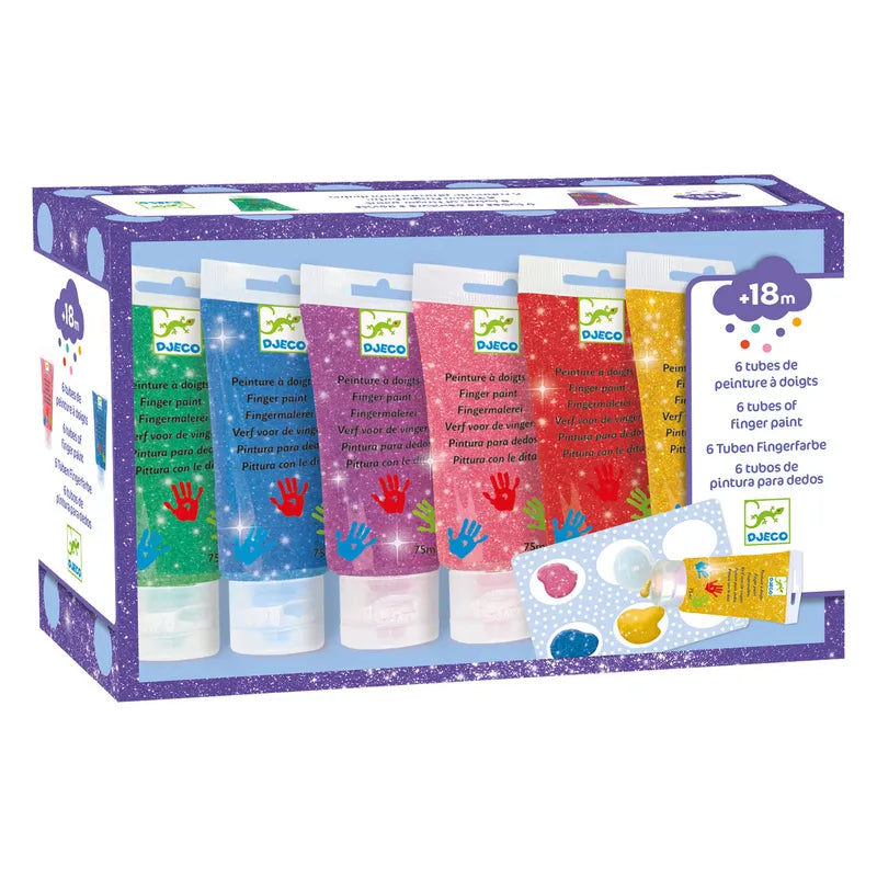 The image shows a boxed set of Djeco Paint For Little Ones 6 Tubes Of Finger Paint - Glitter, suitable for ages 18 months and up. This finger painting kit includes six tubes of ultra-washable glitter paint in various colors, along with a small paint palette. The box features colorful graphics and handprint designs.