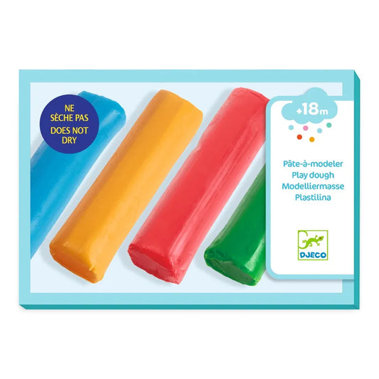 The image showcases a box of Djeco 4 Rolls of Play Dough Classic, perfect for children over 18 months old. The non-drying, gluten-free box contains four brightly colored sticks of play dough—blue, yellow, red, and green. Text on the box proudly states "DOES NOT DRY.