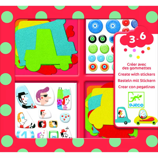 A set of Djeco Stickers I Love Cars, with colorful polka dots on a red background, perfect for young children's collage activity.