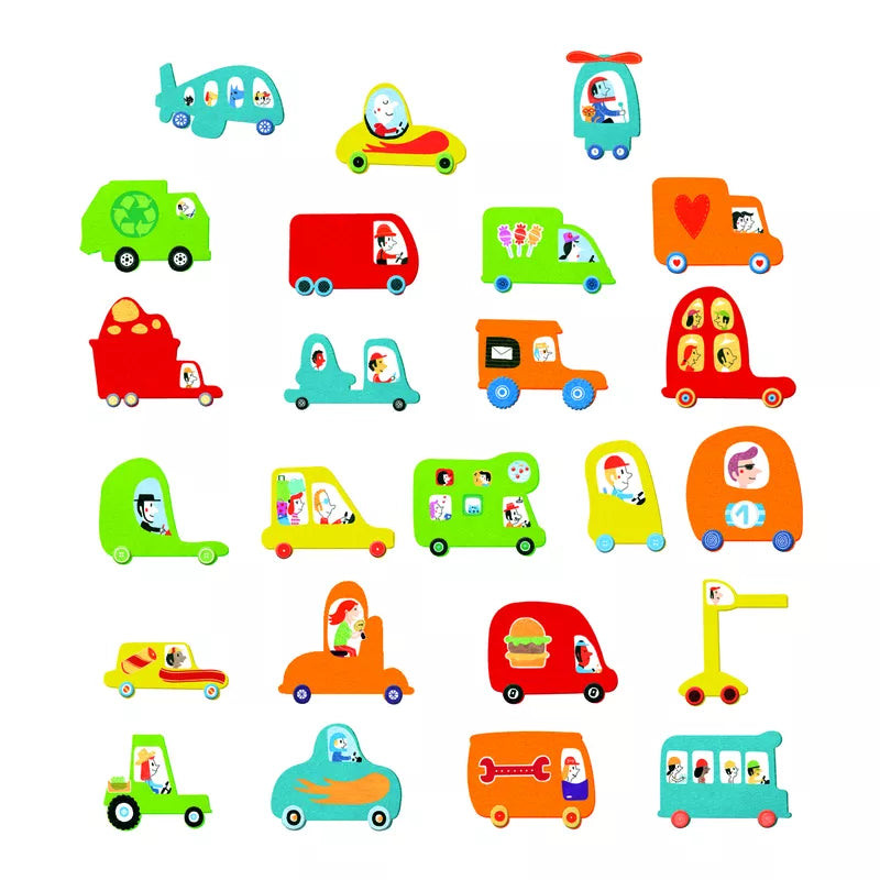 A Djeco Stickers I Love Cars-themed collage activity for young children featuring cartoon cars on a white background.