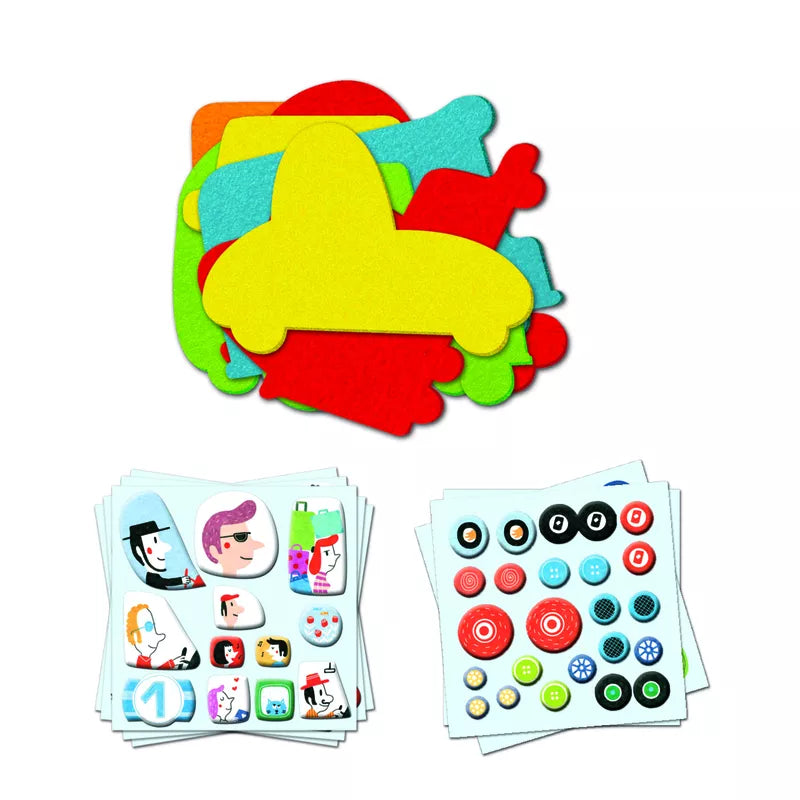 A Djeco Stickers I Love Cars-themed collage activity for young children, featuring a set of colorful stickers and buttons on a white surface.