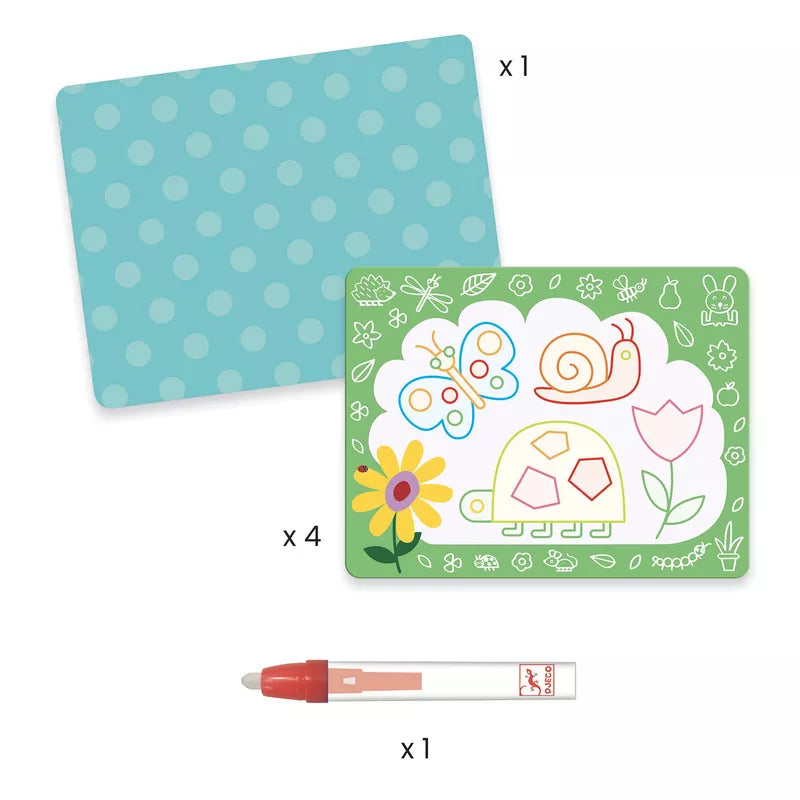 A set of Djeco Colouring Magic Scribbles cards with a marker and a pencil for children.