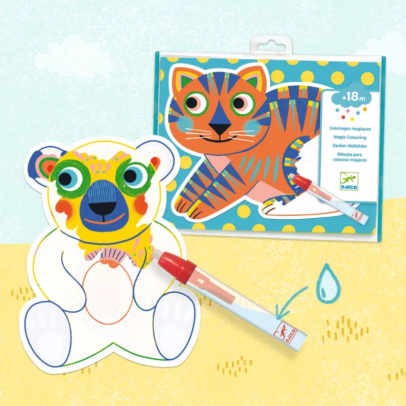 A Djeco Colouring Animalo-Ma sticker of a tiger and a bear on a beach.