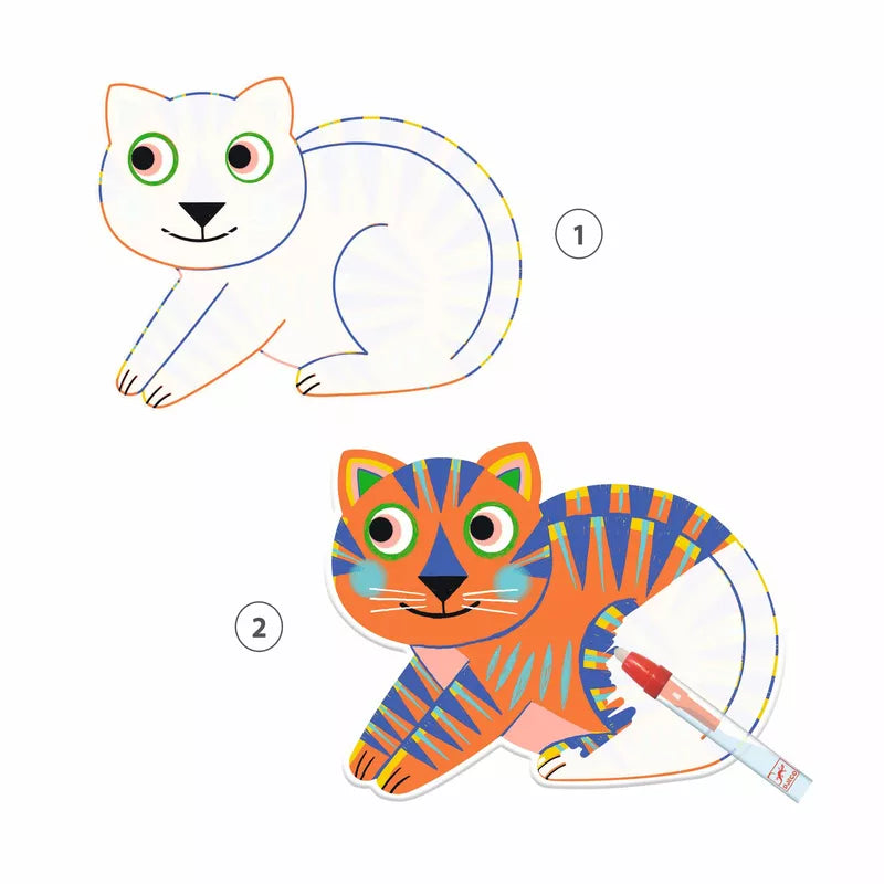 A drawing of a cat using Djeco Colouring Animalo-Ma by Djeco and another drawing of a cat using Djeco Colouring Animalo-Ma by Djeco.