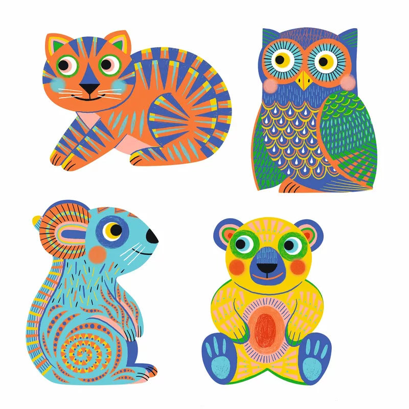 A group of four Djeco Colouring Animalo-Ma owls sitting next to each other.