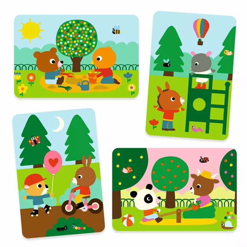 A set of four Djeco Colouring In the park cards featuring animals in the park, perfect for children aged 18 months and up.