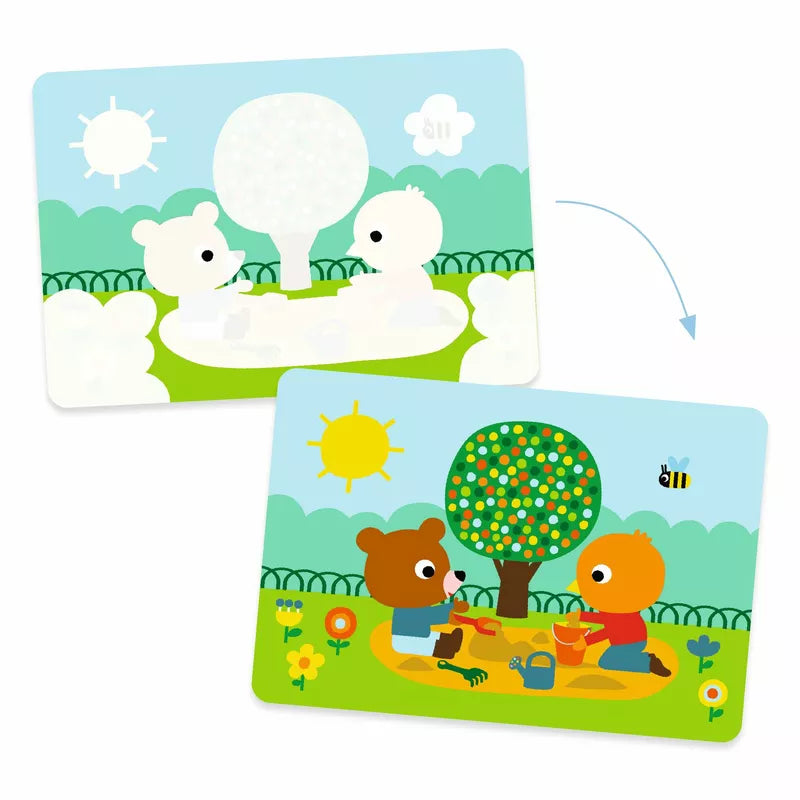 A water-based Djeco Colouring In the park set with a magic effect, perfect for children aged 18 months and up. Includes a set of cards featuring two bears and a tree.