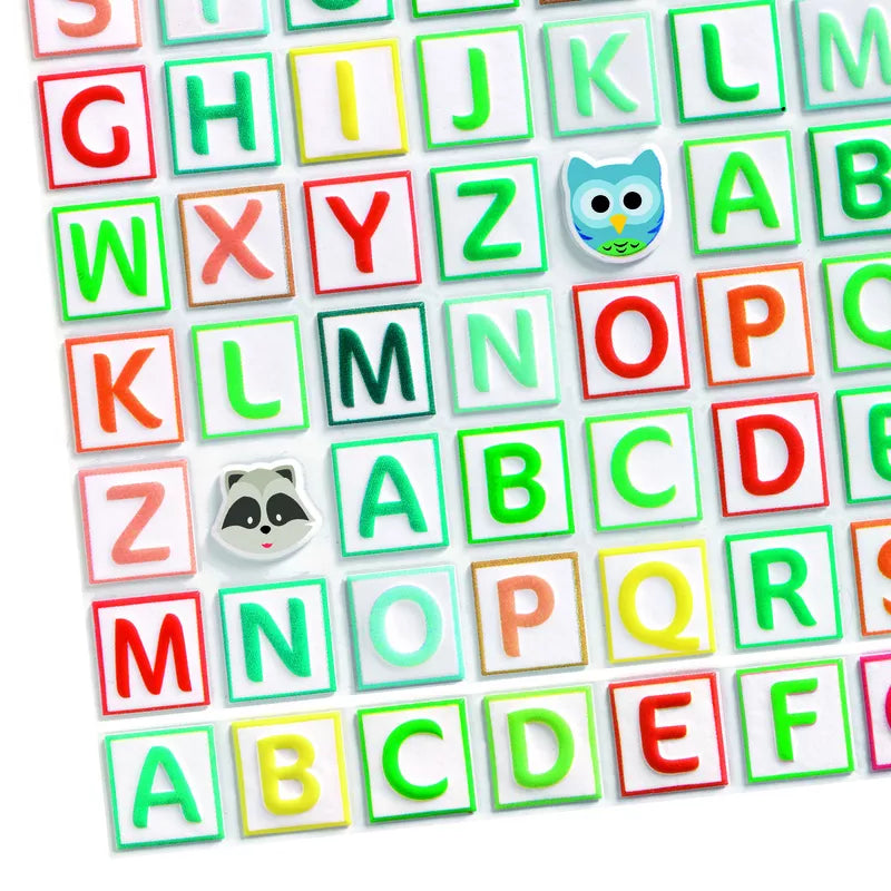 A colorful puzzle with Djeco Stickers Alphabet Stickers, stickers and a raccoon.