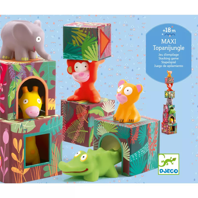 A group of Djeco Maxi Topanijungle toy animals sitting on top of boxes.