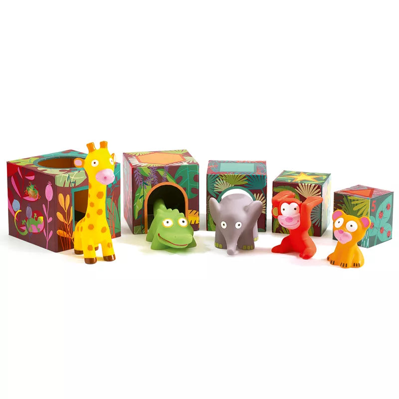 A group of Djeco Maxi Topanijungle toy animals sitting next to each other.