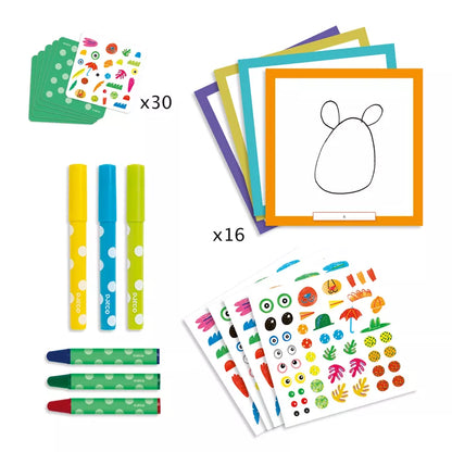 A group of Djeco Drawing Together, Funny animals children's art supplies including markers, markers, and stickers.