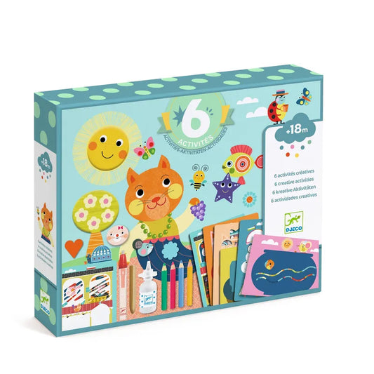 The Djeco Multi-Activity Kit, "The Cat and His Pals," is a vibrant creative set for ages 18 months and up. It boasts playful illustrations of a cat, sun, and flowers. The kit contains crayons, glue, paper, and more for six crafting techniques that spark endless creativity.