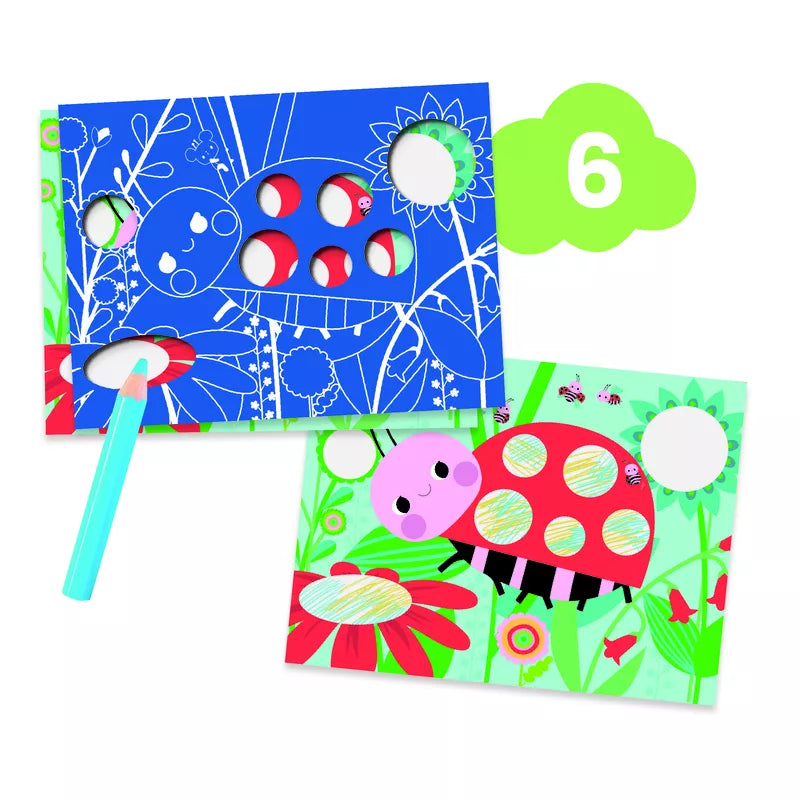 A creative set of Djeco Collage The Mouse And His Friends featuring adorable ladybugs and charming flowers, perfect for children aged 18 months and up.