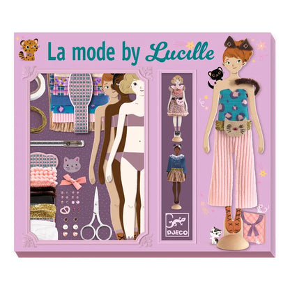 Introducing the "Djeco Workshops Fashion by Lucille," a delightful toy for young stylists. This fashion doll kit features a paper doll, a variety of outfits, and accessories. Packaged in an attractive purple theme, it includes clothing pieces and fabric swatches—allowing you to craft chic looks without any sewing required!