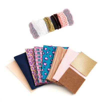 Discover the Djeco Workshops Fashion by Lucille, an ideal set for budding stylists. This collection showcases a mix of patterned and solid fabric squares in appealing blue, pink, and brown shades. It also includes an array of textured trims such as lace and metallic ribbons. Perfectly curated for craft projects that need no sewing abilities.