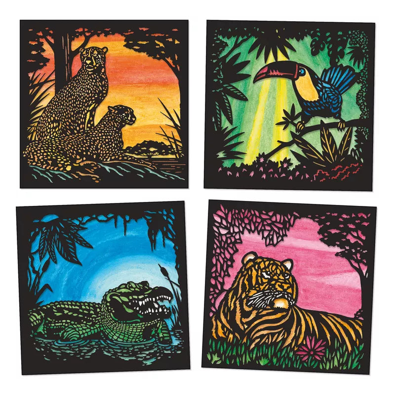 Four Djeco Watercolour Workshop Backlight paintings of different animals in a forest.