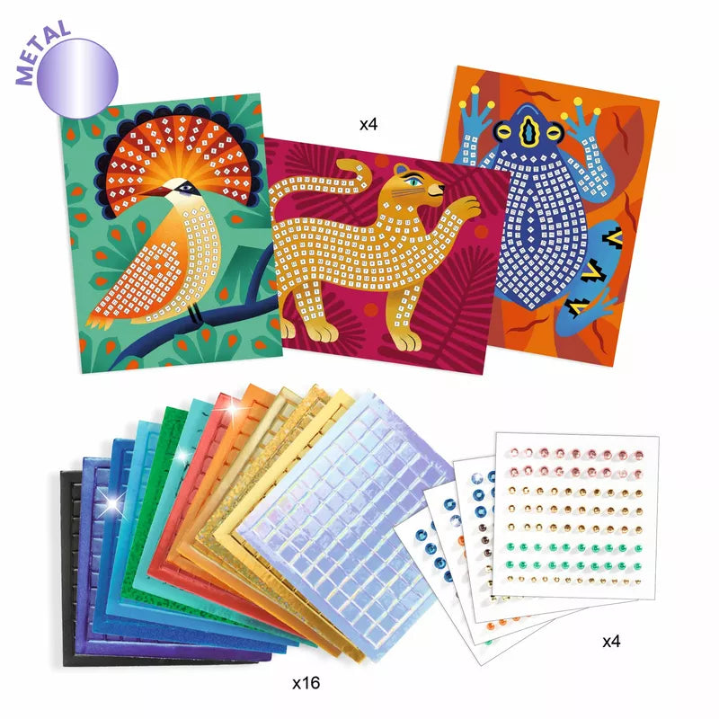 A bunch of Djeco Mosaic Set Deep in the Jungle cards with different designs on them.