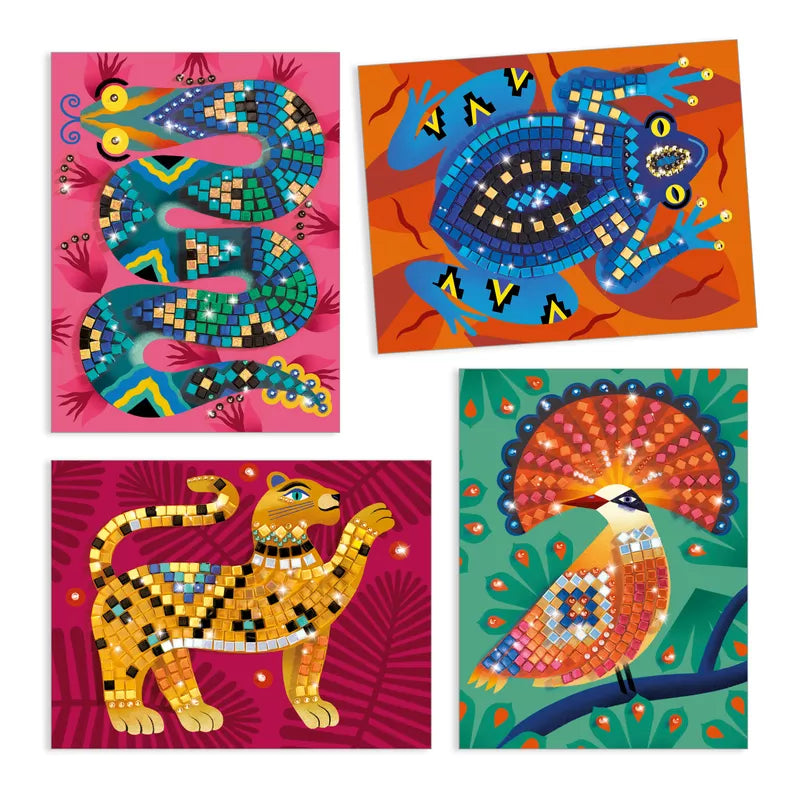 Four colorful paintings of animals on a white background, featuring the Djeco Mosaic Set Deep in the Jungle by Djeco.