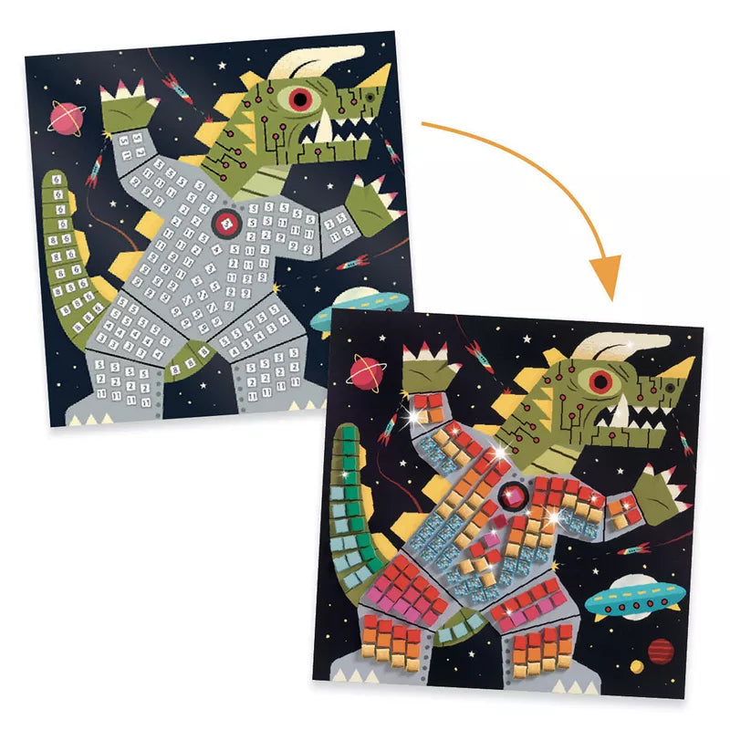 A picture of Djeco Mosaics Space Battle, a product by Djeco, featuring a space battle and dinosaurs.