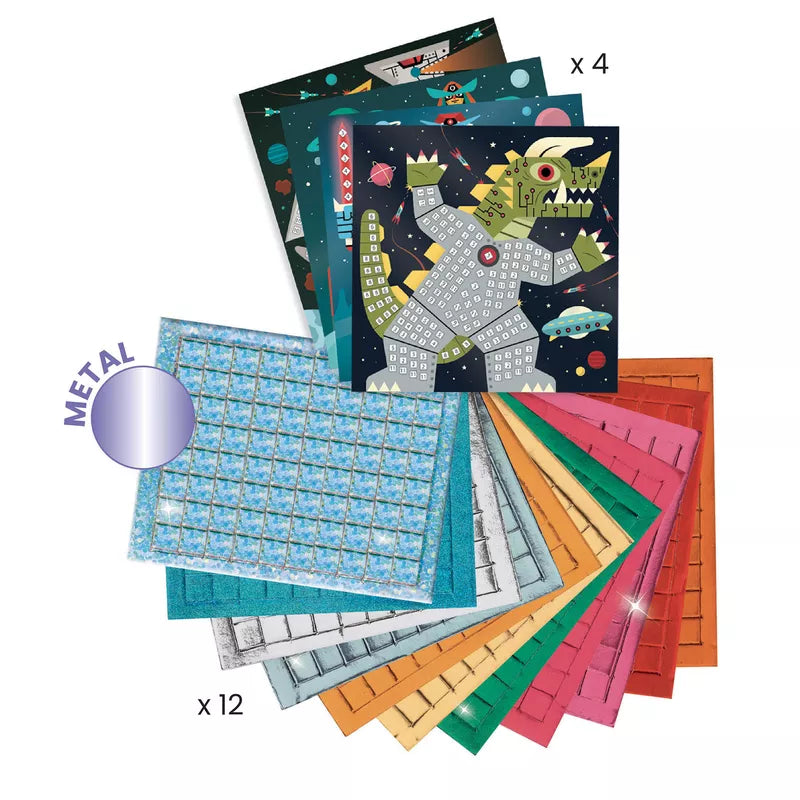 A Djeco Mosaics Space Battle kit with different colored papers and a picture of a unicorn.