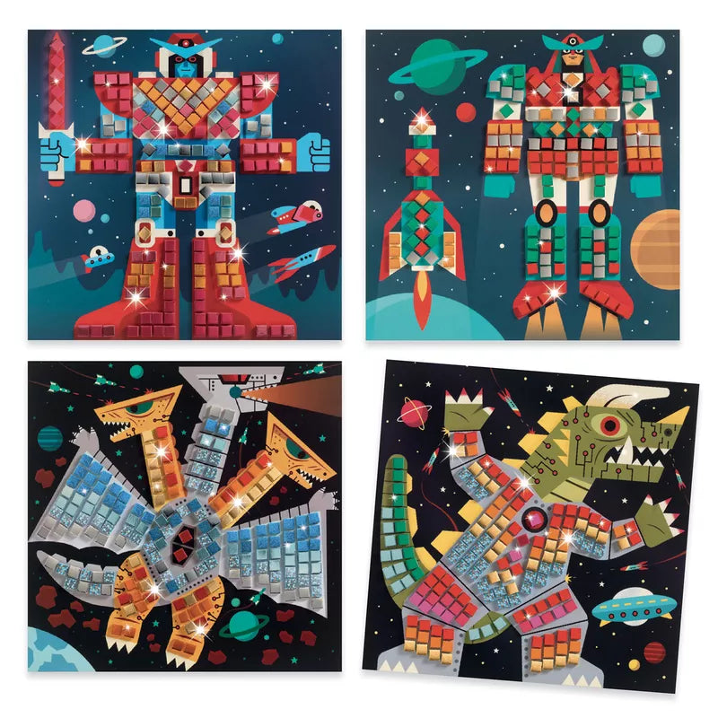 Three pictures of a robot made out of Djeco Mosaics Space Battle by Djeco.