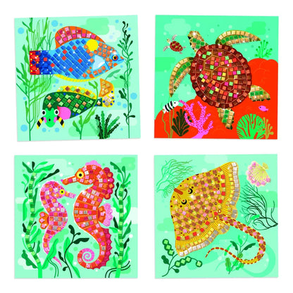 A collection of four stunning Djeco Collages Caribbean showcasing the mesmerizing ocean world, featuring vibrant sea animals and intricate arrangements of metallic foam squares interwoven with delicate seaweed designs.