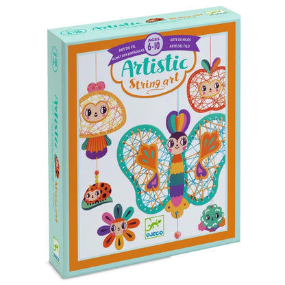 The Djeco Artistic String Art Garden kit is designed for children aged 6 to 10. The box showcases colorful string art designs, including a butterfly, a flower, and two smiling faces on pre-punched cards. The packaging is predominantly light blue with vibrant kawaii decorative hanging designs and illustrations.