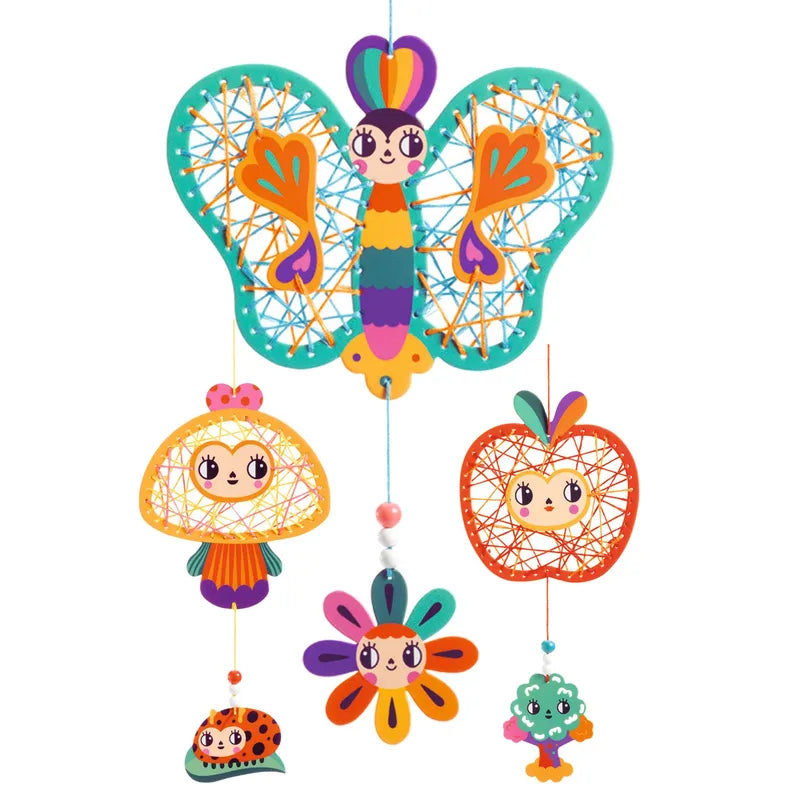 The Djeco Artistic String Art Garden is a colorful hanging decoration that features a butterfly at the top with large, intricate wings. Below it hang various charming characters, including an apple, a mushroom, a flower, a ladybug, and a cloud—all part of delightful Kawaii decorative hanging designs.