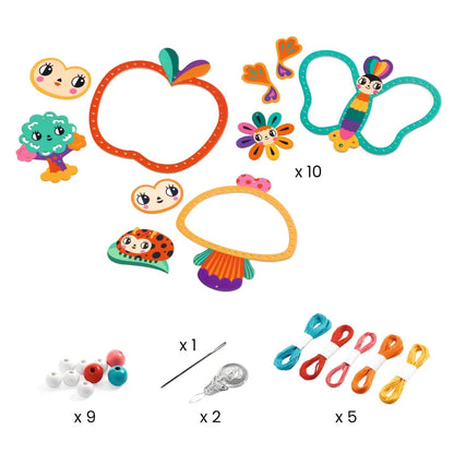 Discover the Djeco Artistic String Art Garden, an assortment of colorful craft supplies. It includes various shapes of foam cutouts (apple, butterfly, flower, and mushroom), wooden beads, embroidery floss in five different colors, a sewing needle, threader, and googly eyes. Each foam shape features pre-punched holes for easy threading.